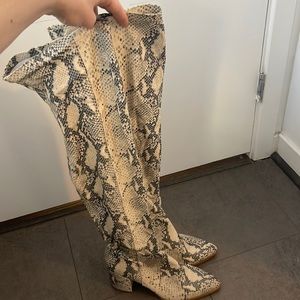 Knee high snake print white boots